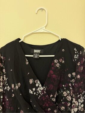 DKNY Black Floral Long-Sleeve Wrap Dress
